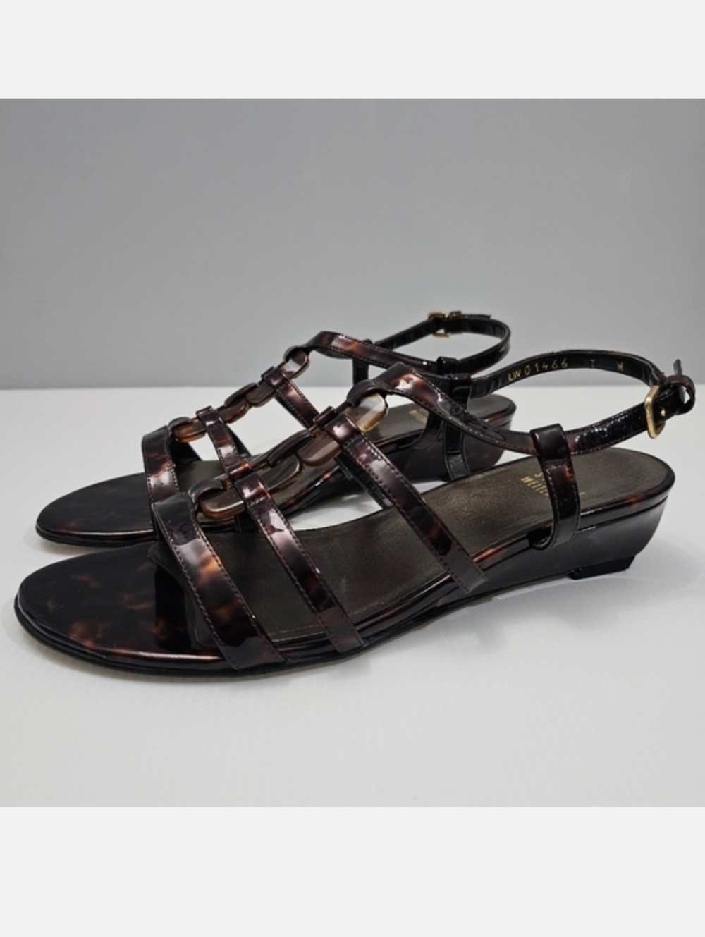Stuart Weitzman Sandal Women 7 WIDE Tortoise Shell Brown Leather Strappy Wedge
